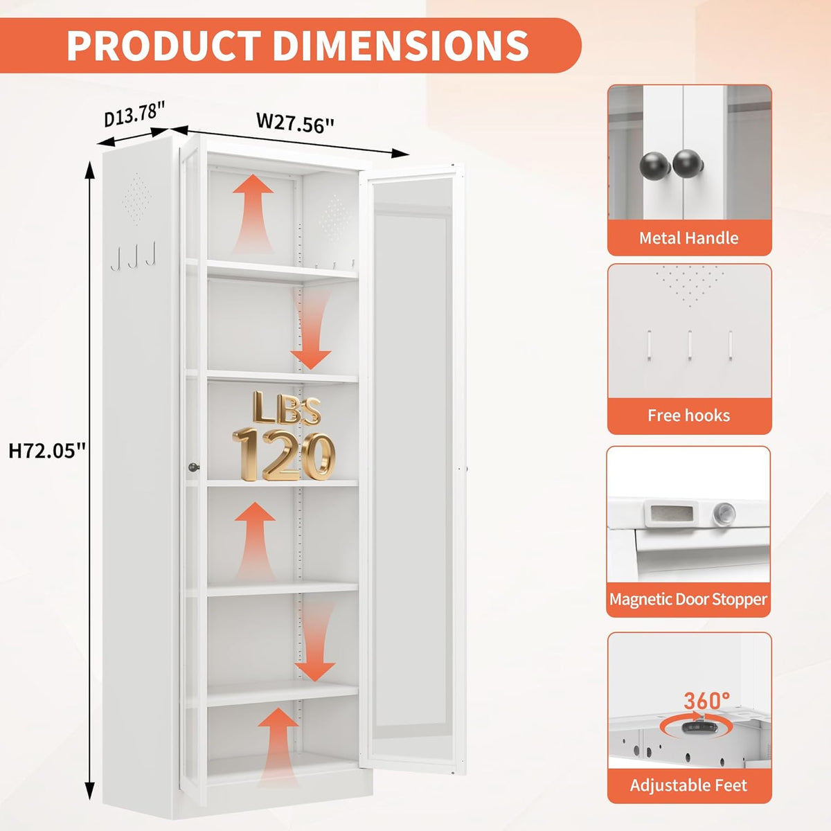 IKIMI 72" Metal Storage Cabinets with Glass Doors and 5 Shelves,White Kitchen Pantry Cabinet,Freestanding Steel Cupboard Display Cabinets for Kitchen,Living,Dining Room,Bathroom,Assembly Required