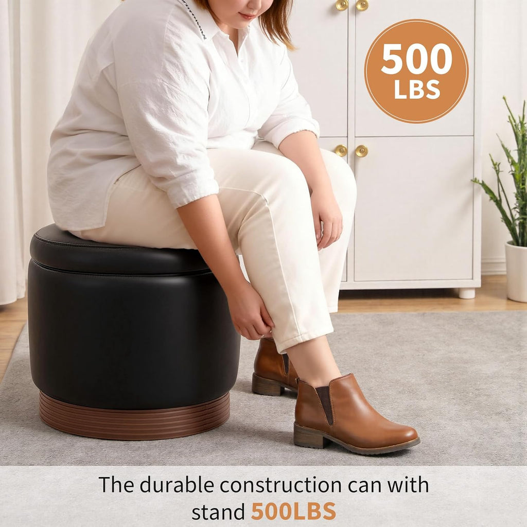 19" Round Swivel Storage Ottoman with Tray Top, Upholstered Faux Leather Foot Stool with Solid Acacia Wood Base 500 lbs Modern Accent Footrest for Living Room & Bedroom Fully Assembled Black