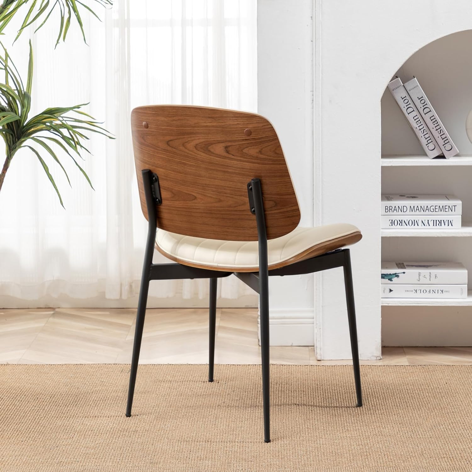 LUNLING Dining Room Chairs Mid Century Modern Retro Beige Faux Leather Chair with Walnut Bentwood Upholstered Seat Metal Legs Kitchen Chairs Adjustable Foot for Kitchen Dining Room,1PCS