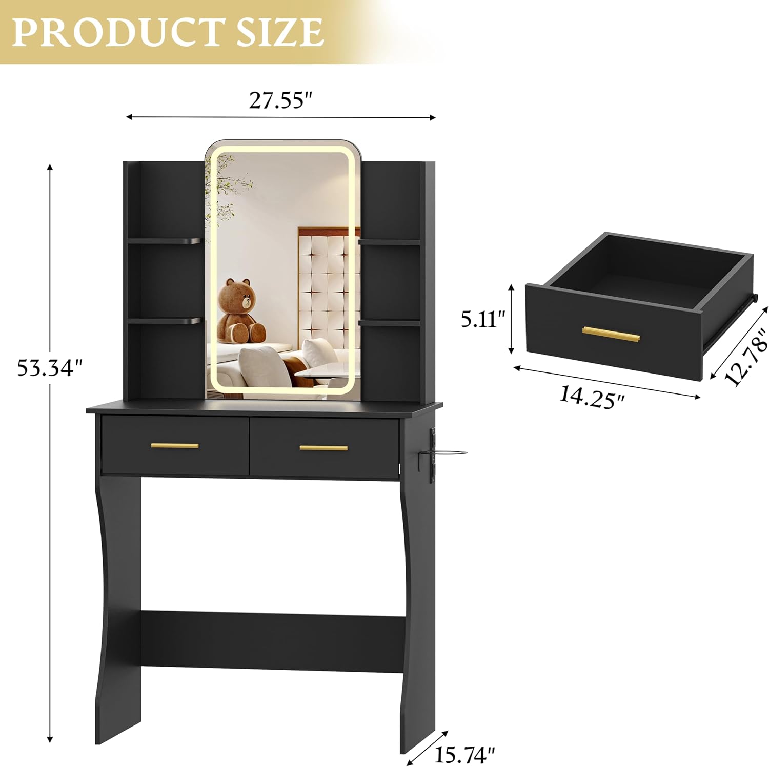 Xixini Vanity Desk with LED Lights Mirror & Power Outlet, Small Makeup Vanity Table Set with Storage Drawers, 3 Lighting Modes & Adjustable Brightness, Dressing Table for Women Girls Bedroom, Black