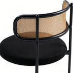 Rattan Dining Chairs Set of 4, Kitchen Chairs with Curved Cane Backrest &Metal Legs, Modern Dining Room Chair, Round Upholstered Sherpa Chair for Living Room, Black