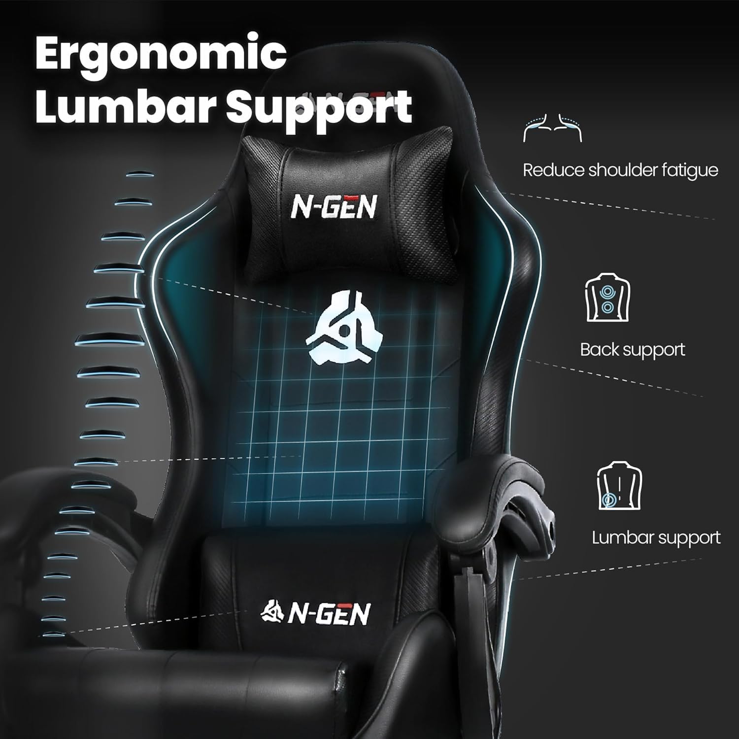 N-GEN GAMING Gaming Chair with Footrest, Lumbar, High-Back, Carbon Black | Reclining Backrest, Linkage Armrests, Durable PU Leather, Adjustable Comfort for Extended Computer, Desk, or Home Office Use