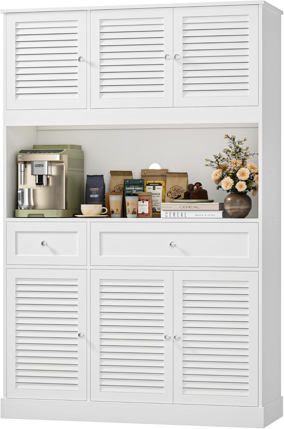 HIFIT 71" Tall Kitchen Pantry Cabinet with Spacious Countertop, 47.2" Wide Kitchen Hutch with Coffee Bar, Farmhouse Shoe Storage Cabinet for Entryway, White