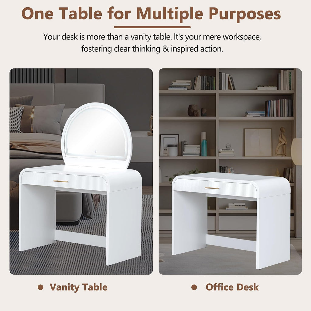 39" Vanity with Round Lighted Mirror & Touch Screen, Led Smart Mirror with 3 Color Lighting, Vintage Makeup Vanity with Drawer & Removable Top Dual-Purpose Desk for Bedroom, White