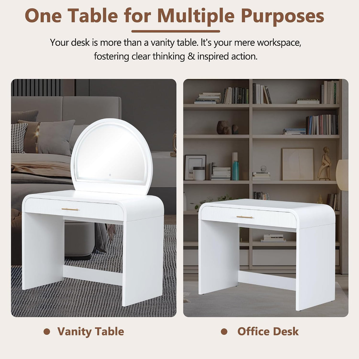 39" Vanity with Round Lighted Mirror & Touch Screen, Led Smart Mirror with 3 Color Lighting, Vintage Makeup Vanity with Drawer & Removable Top Dual-Purpose Desk for Bedroom, White