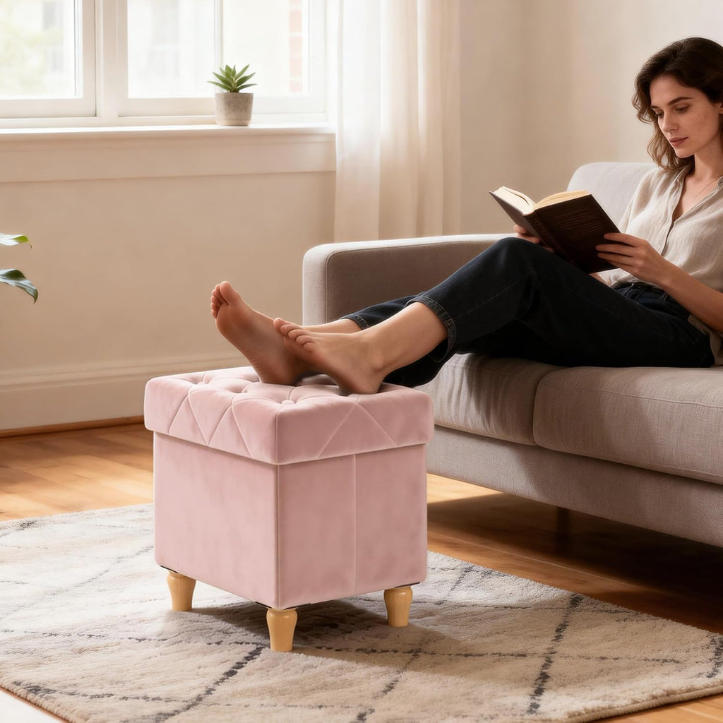 CAROLMADE Folding Storage Ottoman Cube Velvet Footstool with Wood Legs Ottoman Footrest for Living Room and Bedroom Pink, 15"x12.6"x15.4"