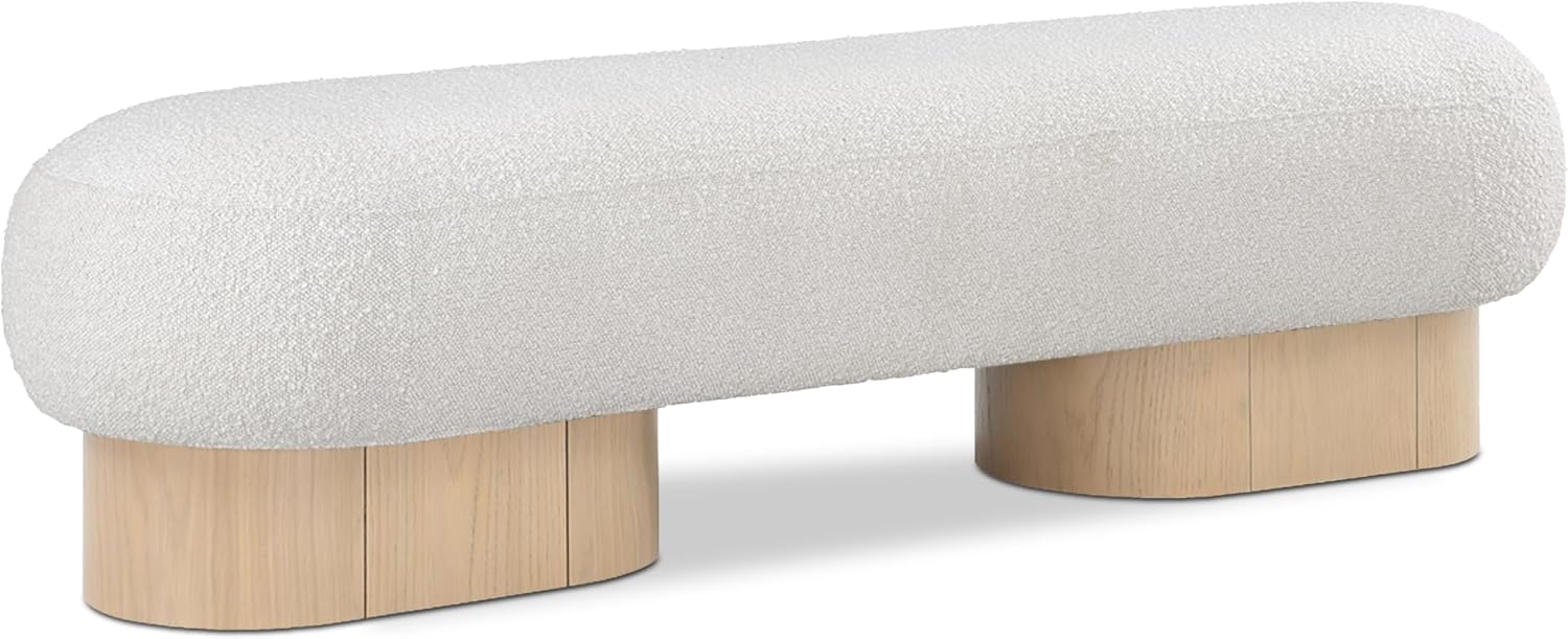 Meridian Furniture 22001Cream Robertson Collection Art Deco Bench with Luxurious Cream Boucle Fabric and Rich Natural Oak Finish, 60.5" W x 18" D x 16" H, Cream