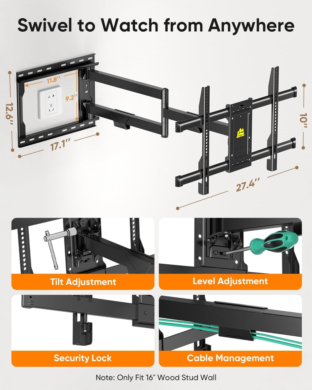 FORGING MOUNT Corner TV Wall Mount for Most 37-75 Inch TVs up to 99lbs | Full Motion TV Wall Mount with 30" Long Extension Arm, Swivel Tilt, Max VESA 600x400mm