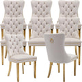 Beige Velvet Dining Chairs Set of 8, Tufted Kitchen & Dining Room Chairs | Eight Fabric Dinning Chairs, Velvet Upholstered, Wing Back, Metal Pull Ring, Gold Legs, Wood Frame, Mid Century Modern