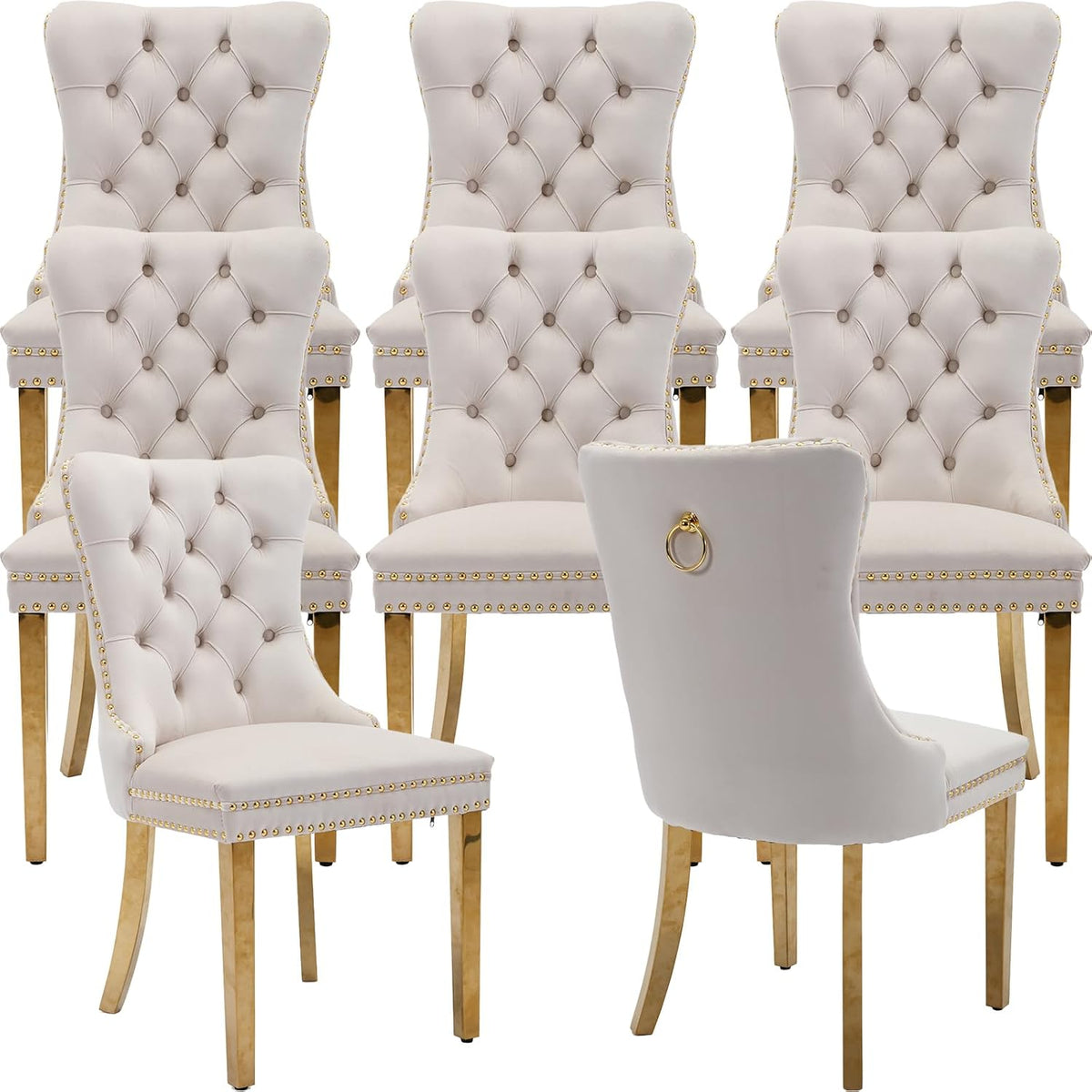 Beige Velvet Dining Chairs Set of 8, Tufted Kitchen & Dining Room Chairs | Eight Fabric Dinning Chairs, Velvet Upholstered, Wing Back, Metal Pull Ring, Gold Legs, Wood Frame, Mid Century Modern