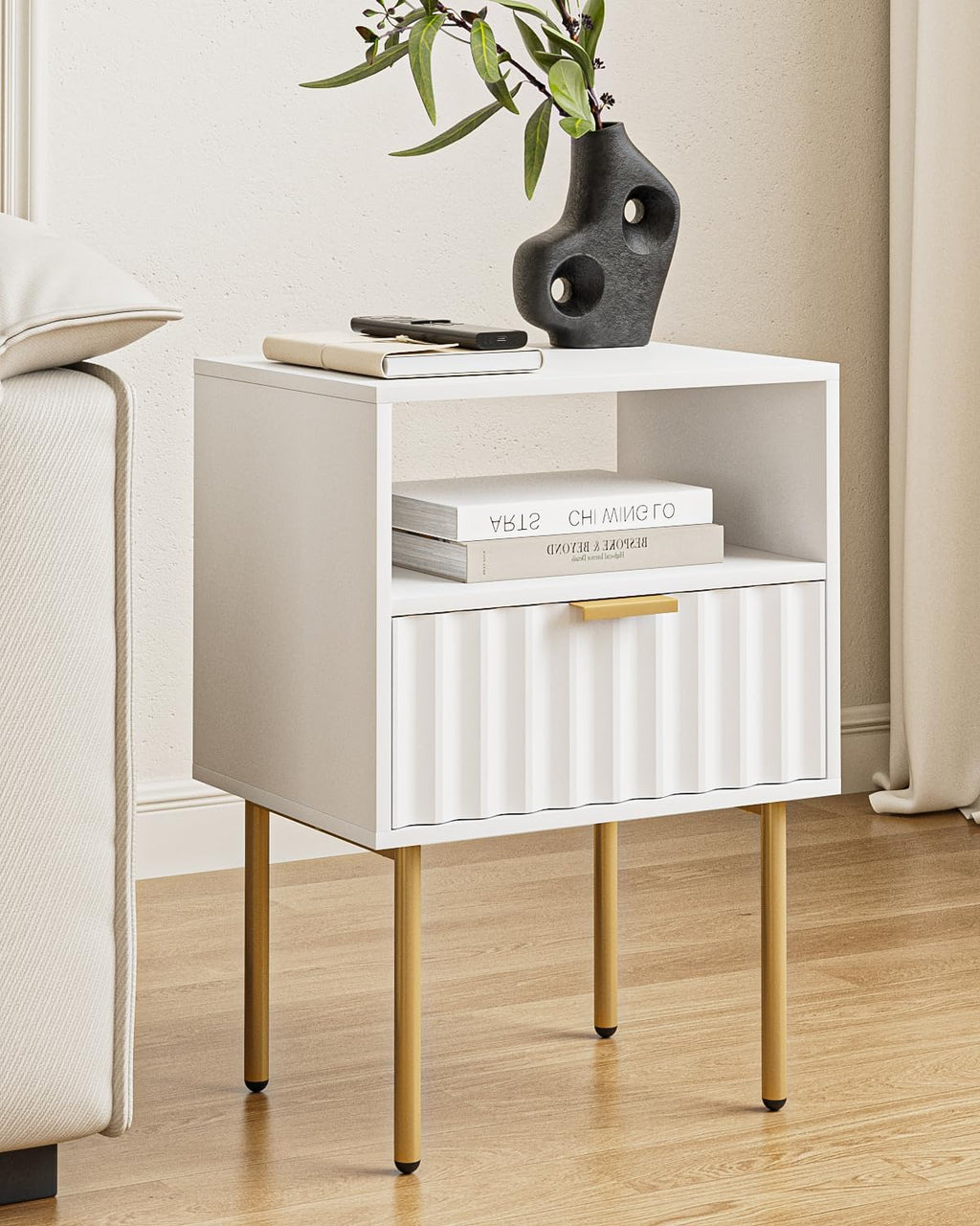 Night Stand,Modern Bedside Table with Drawer and Shelf,White Night Stand with Gold Frame,Small Side Table for Bedroom,Living Room