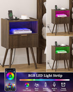Leomonio Walnut Brown Nightstand, Modern Bedside Table with Charging Station & LED Lights, Plus Storage Drawer, Open Wood Shelf and Solid Wood Legs, for the Living Room, Bedroom & Small Spaces