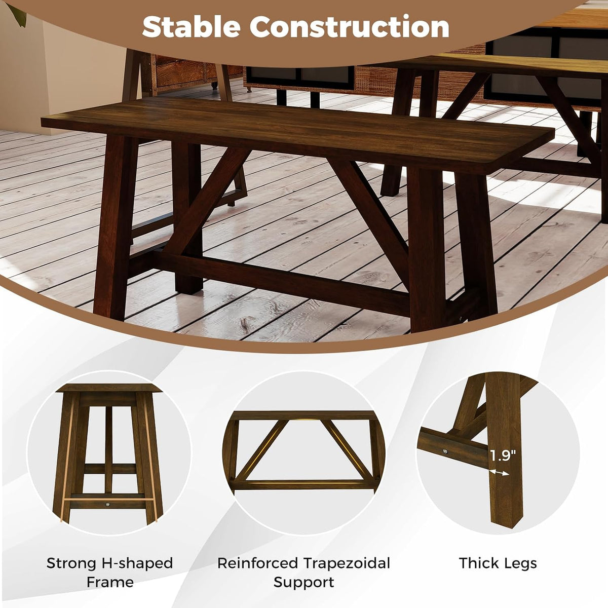 GOFLAME 38” Wood Dining Bench Set of 2, Farmhouse Entryway Bench with Rubber Wood Frame, Shoe Changing Bench Seat, End of Bed Bench for Hallway, Kitchen, Dining Room, Bedroom, 400 LBS Weight Capacity