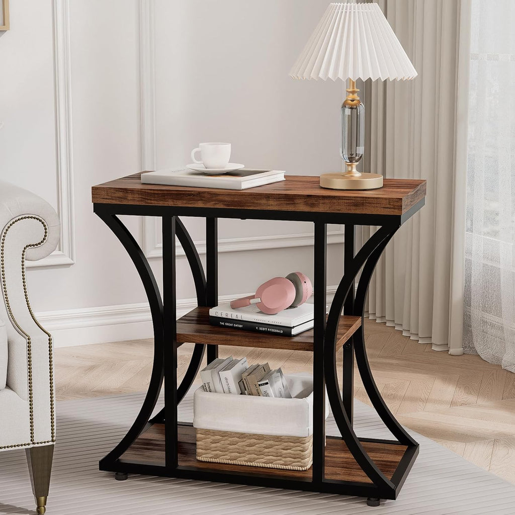 3 Tier End Table with Storage, Narrow End Table for Living Room and Bedroom, Small Space Wood and Metal Side Table, Rustic Brown