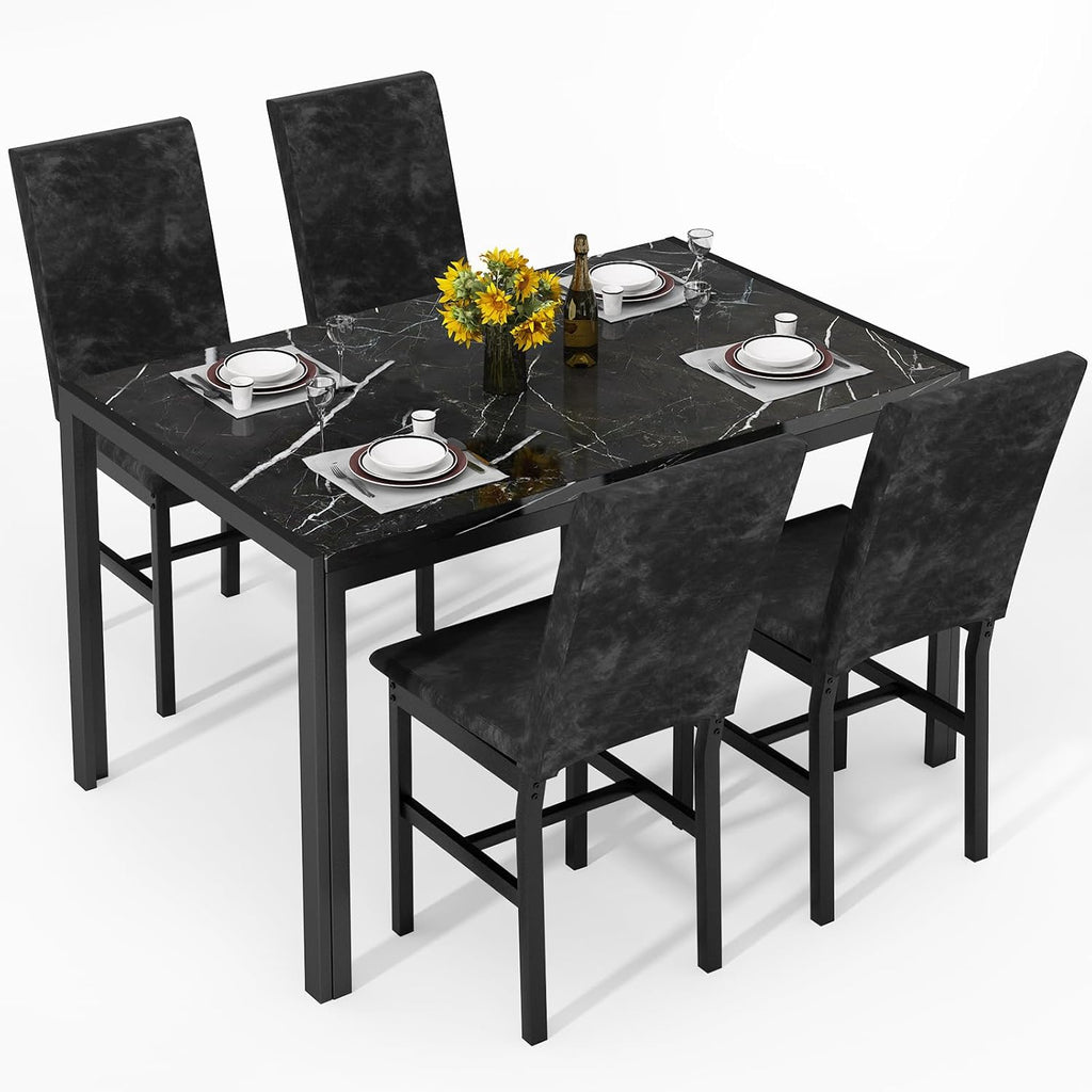 AWQM Products 5-Piece Marble Dining Set, Modern Kitchen Table and Chairs for Dining Room, Compact Space Saving Furniture, Dinette, 4 Upholstered Velvet Chairs - Black