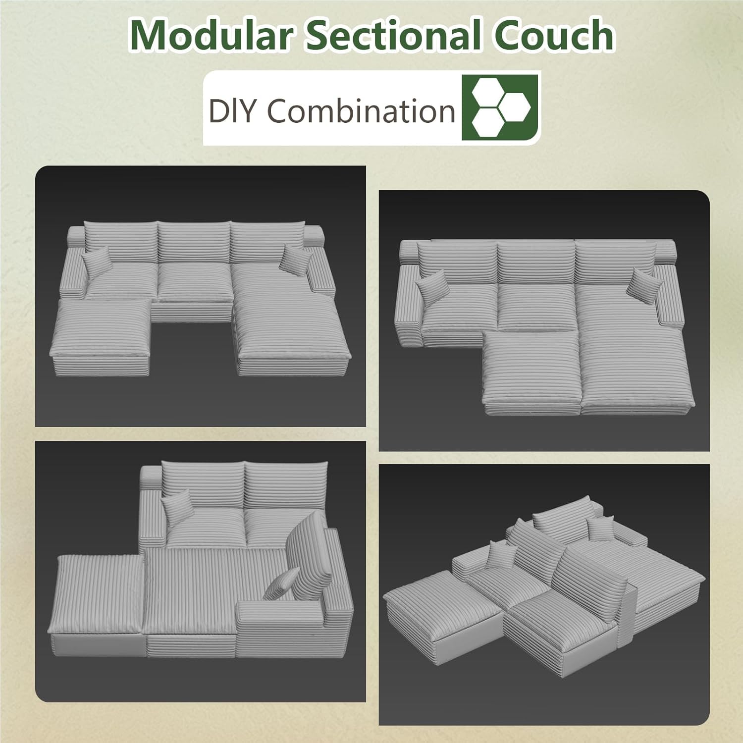 107" Cloud Couch Modular Sectional Sofa for Living Room, U-Shape Couch with Deep Seat, Modern Corduroy 3-Seater with Ottoman, No Assembly Required (Camel,Right-Facing Chaise)