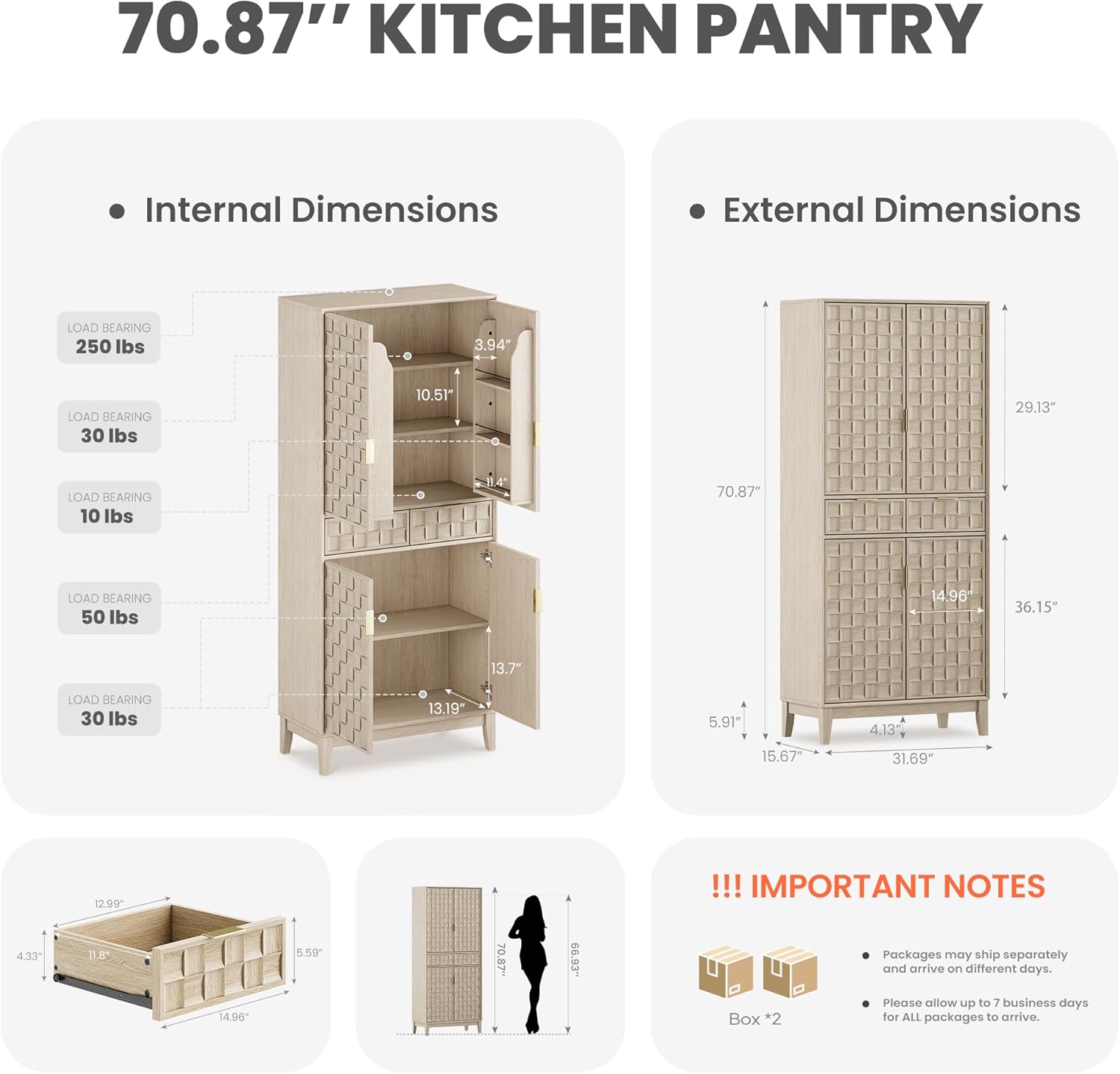 Pantry Cabinet, 71" Tall Pantry Cabinet,Modern Kitchen Cabinet with Doors, Drawers & Adjustable Shelves, Freestanding Food Pantry Cupboard with Side Rack for Kitchen Dining Room,Oak