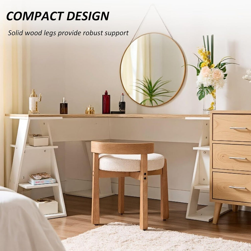 HEAH-YO Wood Vanity Chair with Back, Linen Upholstered Small Ottoman Footstool, Mid-Century Modern Makeup Chair with Solid Wood Legs for Makeup Room Bedroom Living Room, Beige