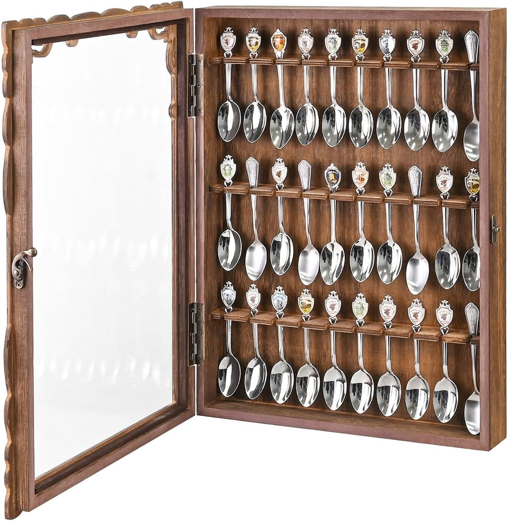 Ikee Design Wooden 30-Souvenir Spoon Display Case Cabinet, Wall-Mounted Tea Spoon Rack with Tempered Glass Suitable for Collection Display, 13.4W x 2.6D x 15.7H in