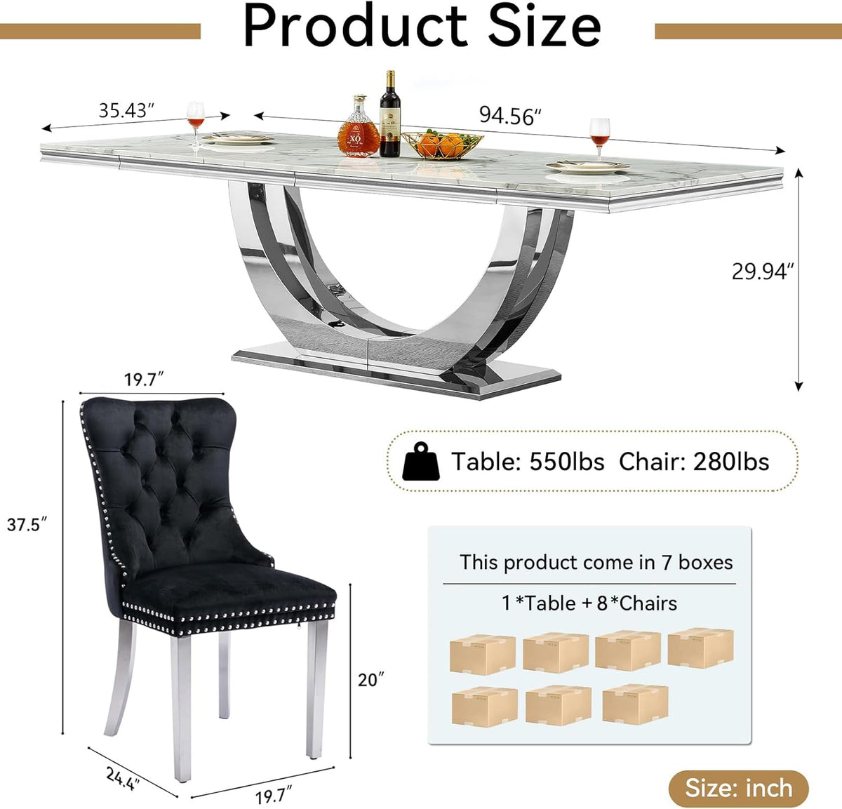 94.5" Large Faux Marble Dining Table Set for 8, Luxury Kitchen Table Set with 8 Chairs, Modern 9-Piece Dining Room Set with White Silver Dinner Table and 8 Black Upholstered Chairs