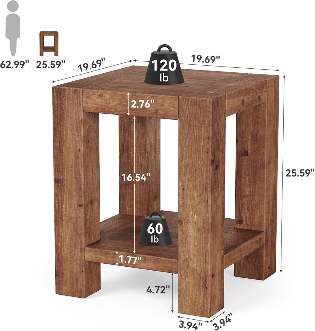 Solid Wood Side Table Set of 2, Farmhouse 2-Tier End Tables with Storage Shelves for Small Spaces, Living Room, Bedroom, Rustic Brown