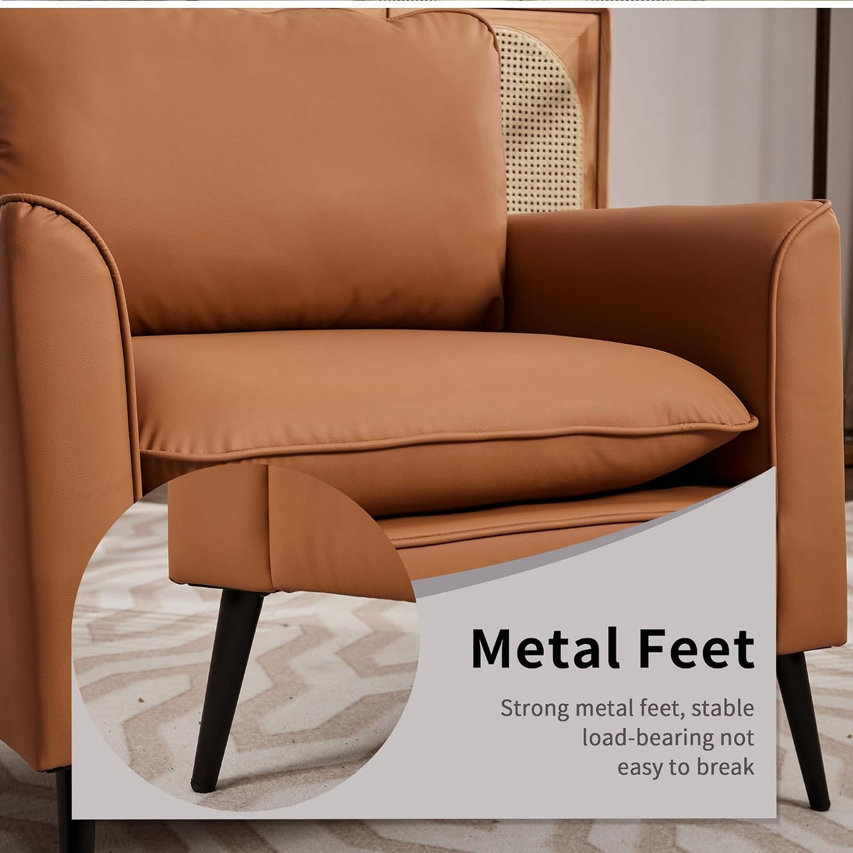 YISHENG Mid-Century Modern Living Room Accent Chairs Set of 2 - Oversized Faux Leather Armchairs with Removable Cushions & Metal Legs, Comfortable Sofas for Office/Lounge/Bedroom/Reception,（Brown）