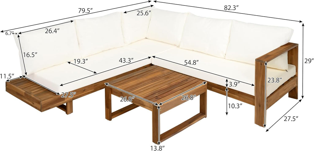 4pc Acacia Wood Outdoor Sectional Sofa Set with Cushions | Slatted Design - Modern Patio, Deck & Garden Seating for Ultimate Comfort