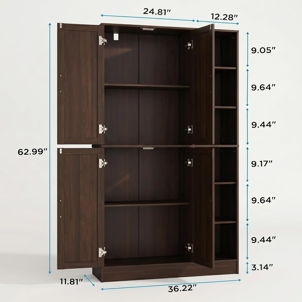 holzart 63" Tall Kitchen Pantry Cabinet, Freestanding Dining Room Storage Hutch with 4 Doors and Adjustable Shelves, Modern Utility Cupboard for Coffee Bar and Microwave, Brown