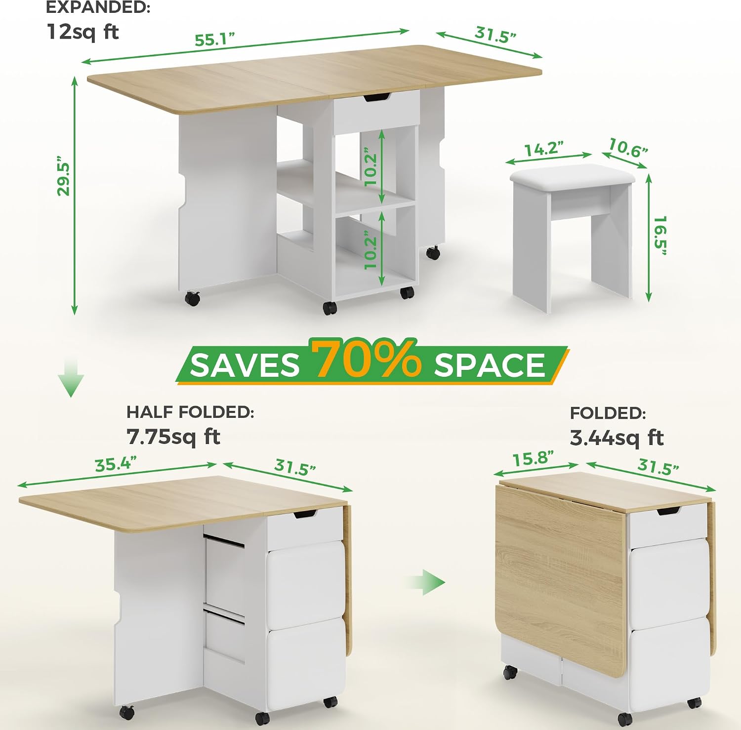 Mondeer Folding Dining Table and Chairs Set 4, 55" Space Saving Table with 4 Cushioned Stools, 2 Drawers and Storage Shelves, Foldable Table and Chairs for Kitchen Dining Room Living Room