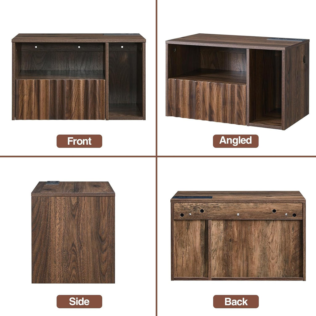BuildHom Floating Nightstand Set of 2 with Charging Station, Walnut | Wall Mounted Side End Table with Drawer, Modern Fluted Design, 21 inch Larger Storage Night Stand with Outlet for Bedroom