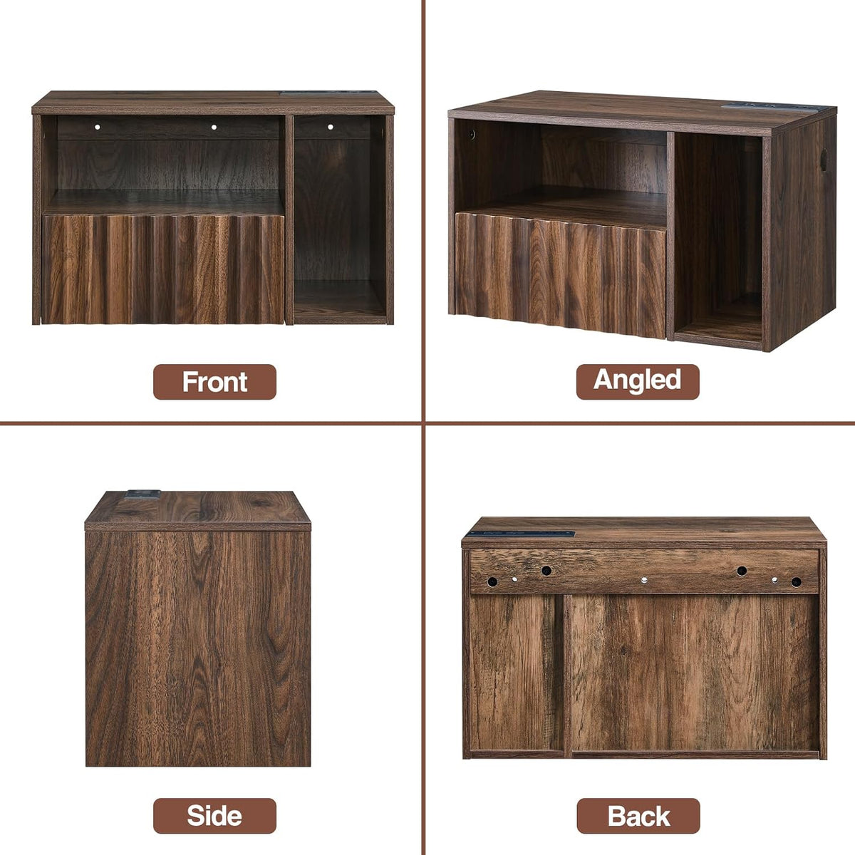 BuildHom Floating Nightstand Set of 2 with Charging Station, Walnut | Wall Mounted Side End Table with Drawer, Modern Fluted Design, 21 inch Larger Storage Night Stand with Outlet for Bedroom