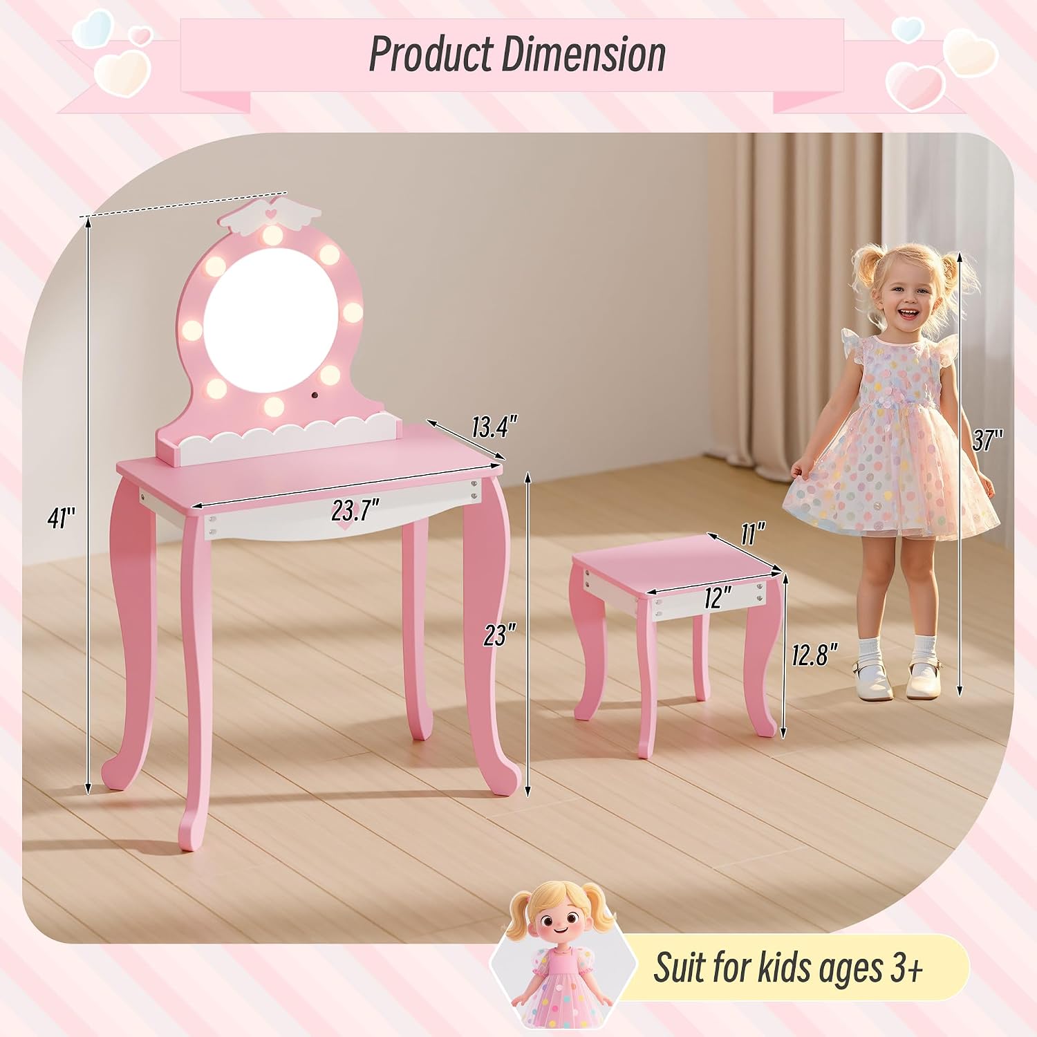 TOLEAD Girls Vanity with Lights, Mirror and Stool, Kids Make Up Vanity Set with Storage Space, Wing Pattern for Little Girls, Toddler Princess Makeup Dressing Table with Chair Set, Pink