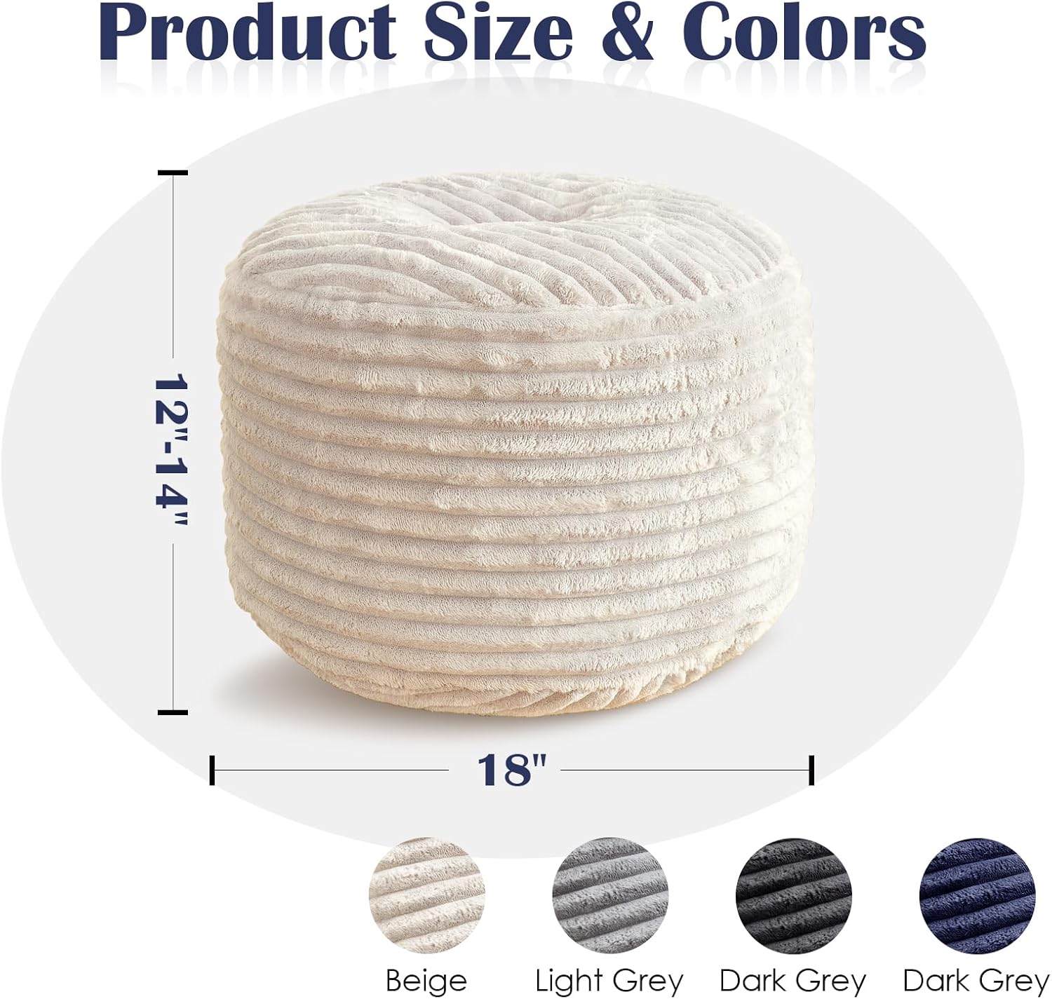 SHOUREN Stuffed Round Ottoman,Corduroy Pouf Ottoman Foot Rest with Foam Filling,Pouf Storage Ottoman Footstool for Living Room,18 X 14 Floor Poufs for Couch - 18 X 14 Inches,Beige
