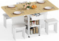 Mondeer Folding Dining Table and Chairs Set 4, 55" Space Saving Table with 4 Cushioned Stools, 2 Drawers and Storage Shelves, Foldable Table and Chairs for Kitchen Dining Room Living Room