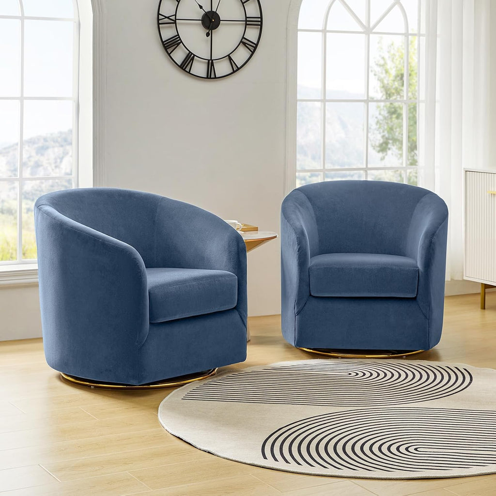 HULALA HOME Swivel Accent Chair with Gold Metal Base, Set of 2 Contemporary Velvet Curved Swivel Barrel Chair, Upholstered Club Armchair, Leisure Single Sofa for Living Room, Bedroom(Slate-Blue)