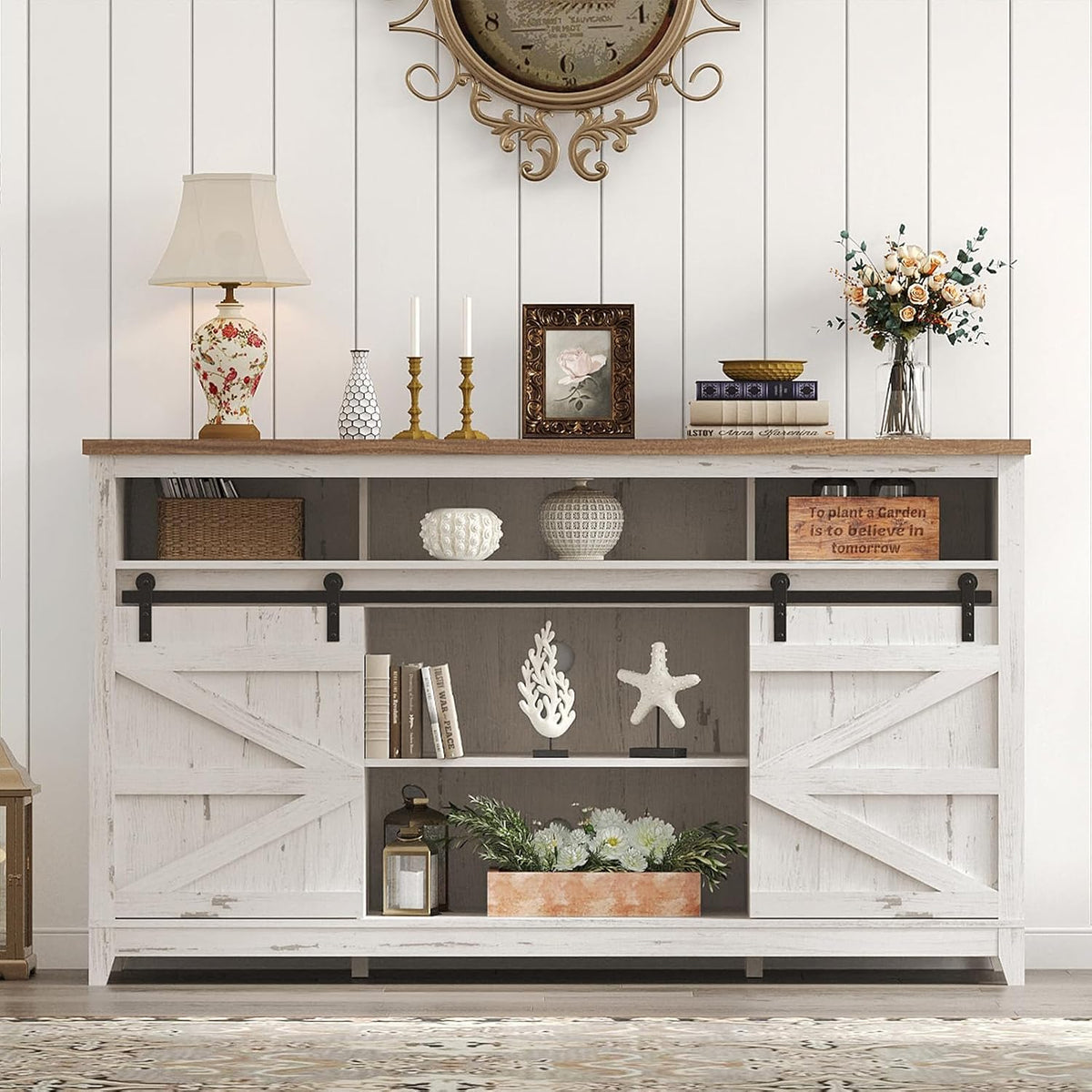 Lifewit Farmhouse TV Stand for up to 65" TV, Entertainment Center with Ajustable Shelves, Sliding Barn Door and Open Storage Spaces, TV Console for Living Room, Bedroom, Hold 300lbs, Rustic White