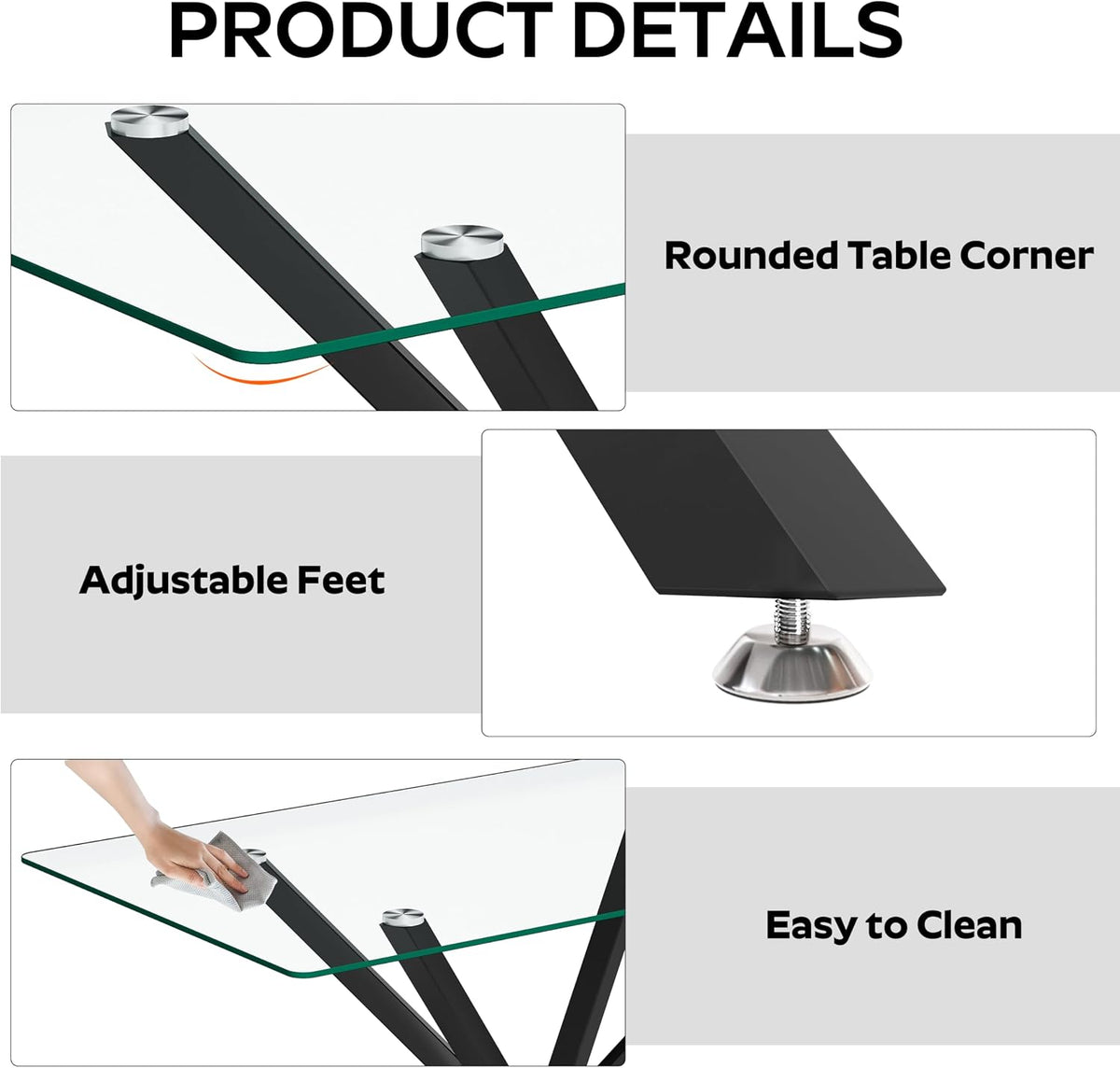 5 Pieces Modern Luxury Glass Dining Set, Minimalist Rectangle Dinner Room Set for 4, 47'' Clear Glass Top Kitchen Table Set with Black Base, Blue Tufted Chairs, for Small Apartment Home