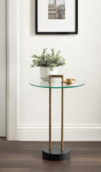 Kate and Laurel Cerullo Modern Round Glass Side Table with Marble Base, 16 x 16 x 24, Antique Brass and Black Marble, Glam Circle End Table for Use as Indoor Plant Stand or Bedroom Nightstand