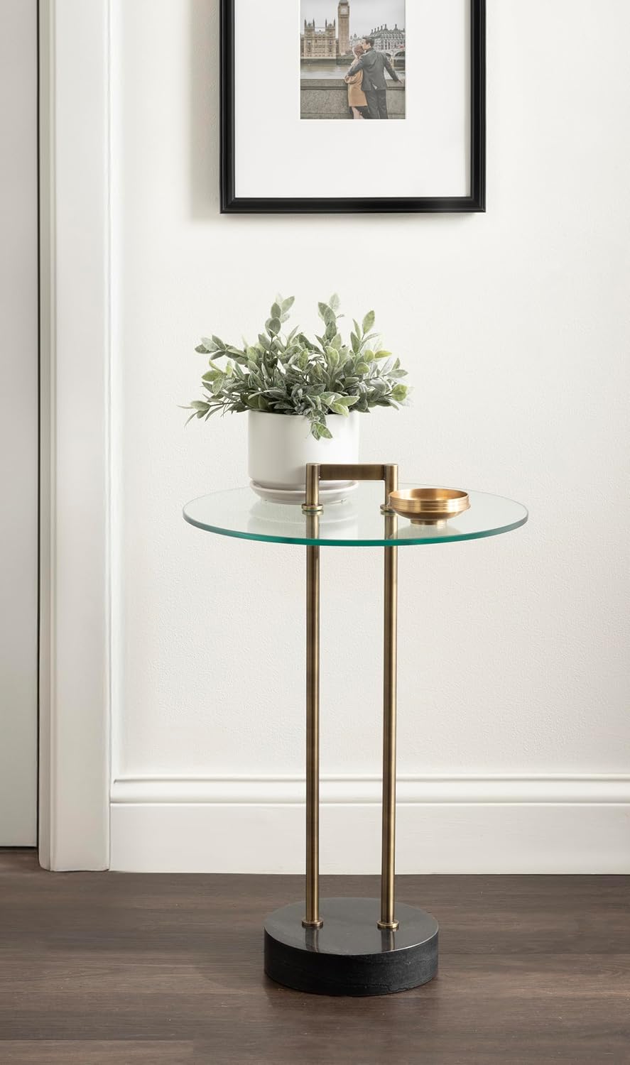 Kate and Laurel Cerullo Modern Round Glass Side Table with Marble Base, 16 x 16 x 24, Antique Brass and Black Marble, Glam Circle End Table for Use as Indoor Plant Stand or Bedroom Nightstand