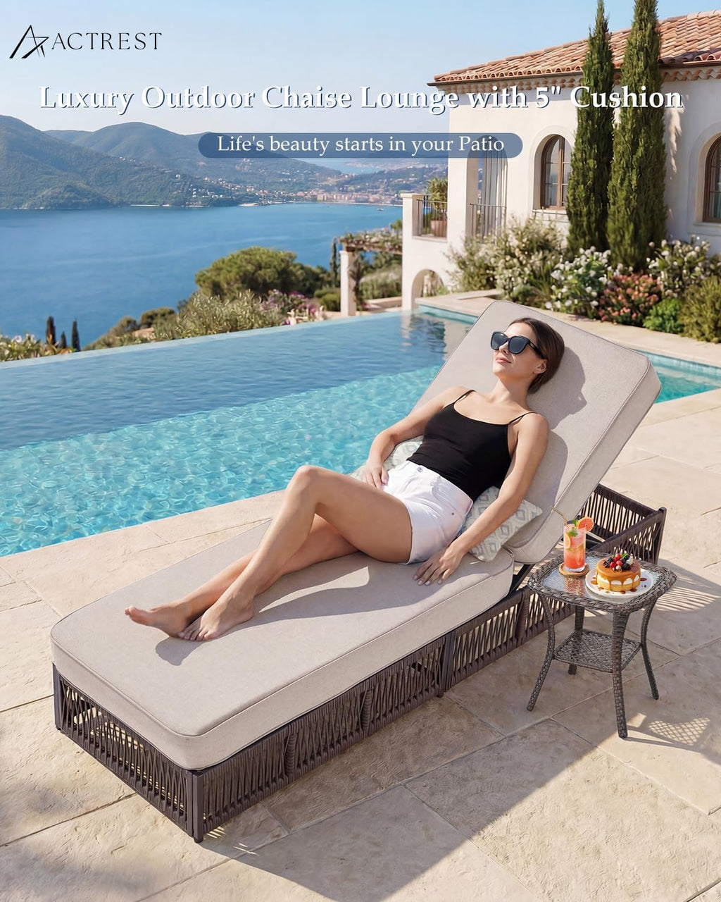 Luxury Outdoor Chaise Lounge with 5 Inch Thickened Cushion - 1 Set High Back Outside Brown Wicker Patio Recliners Rattan Reclining Chair Porch Poolside Pool Sunbathing Lounger - Beige