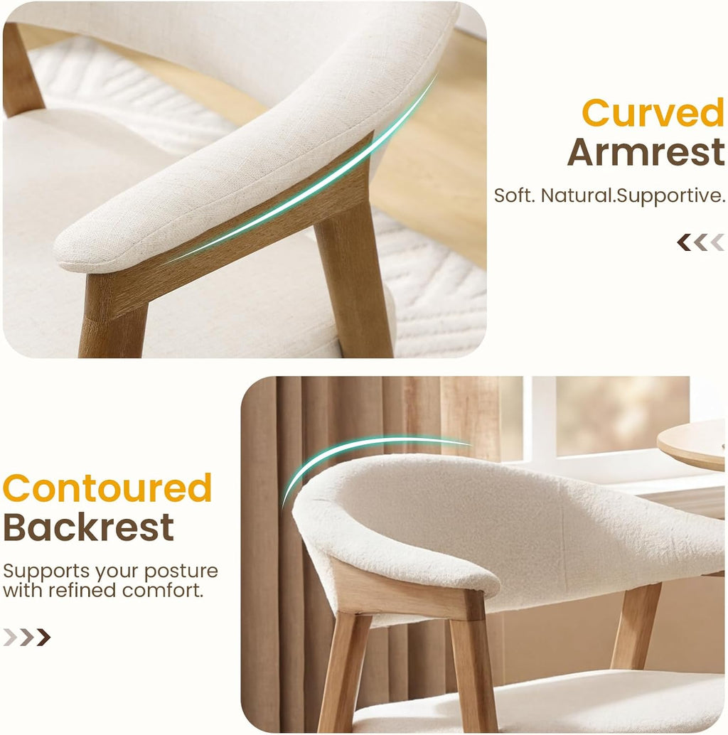 CIMOTA Upholstered Dining Chairs with Arms Set of 2, Mid Century Modern Kitchen & Dining Room Chairs, Comfortable Curved Backrest & Trapezoid Solid Wood Legs, Linen Beige