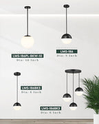 LMS 10 Inch Globe Pendant Lights, Matte Black Mid Century Kitchen Island Light Fixtures with White Globe Glass Shade, Adjustable Hanging Rod, Bar Kitchen Bedroom, LMS-186PL-BKW-10