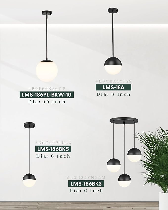 LMS 10 Inch Globe Pendant Lights, Matte Black Mid Century Kitchen Island Light Fixtures with White Globe Glass Shade, Adjustable Hanging Rod, Bar Kitchen Bedroom, LMS-186PL-BKW-10