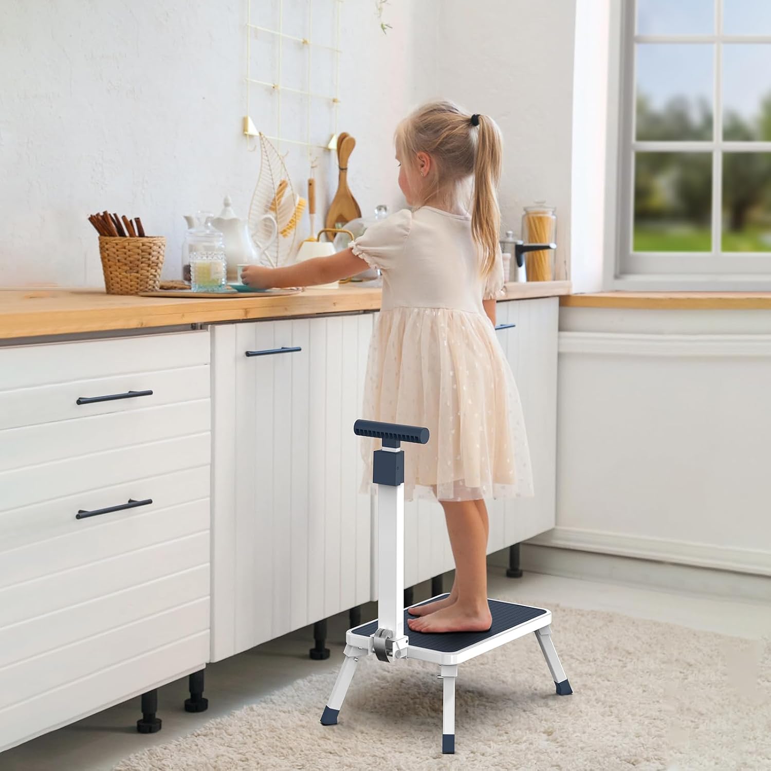 Folding Step Stool, Step Stools with Handle for Elderly Adults | Easy Assmbly, Lightweight Metal Stepping Stool with Adjustable Handrail in Kitchen, Bathroom, Bedroom, 330 Lbs Capacity