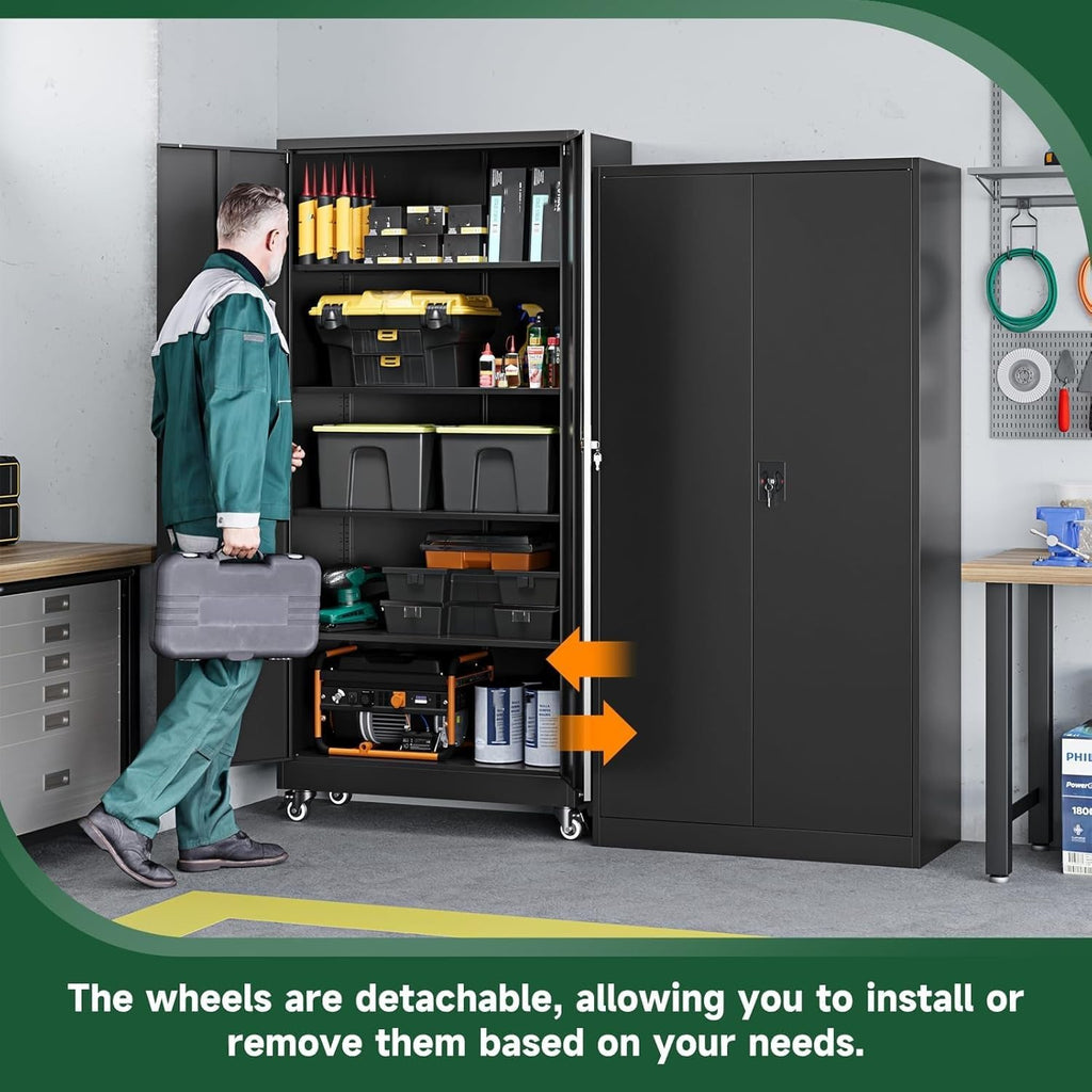 Letaya Metal Garage Storage Cabinets with Wheels,Steel Tool Cabinets Lock Door and Adjustable Shelves for Home,Office,Warehouse Organisieren (Black, 75" H)