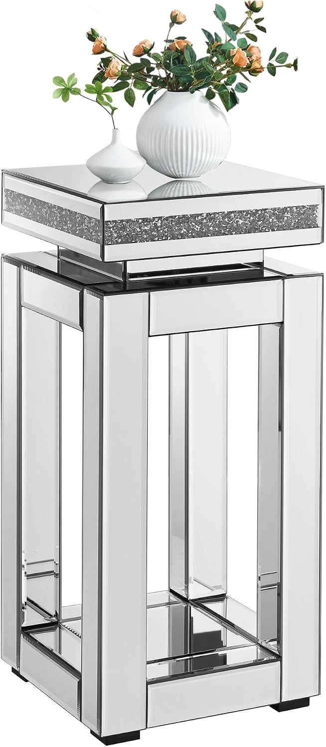 Mirrored End Table Modern 2 Layer 11.8inch Glass Sofa Side Table with Crystal Inlay Square Glass Top, for Living Room, Bedroom and Small Spaces, Silver (1, Square)