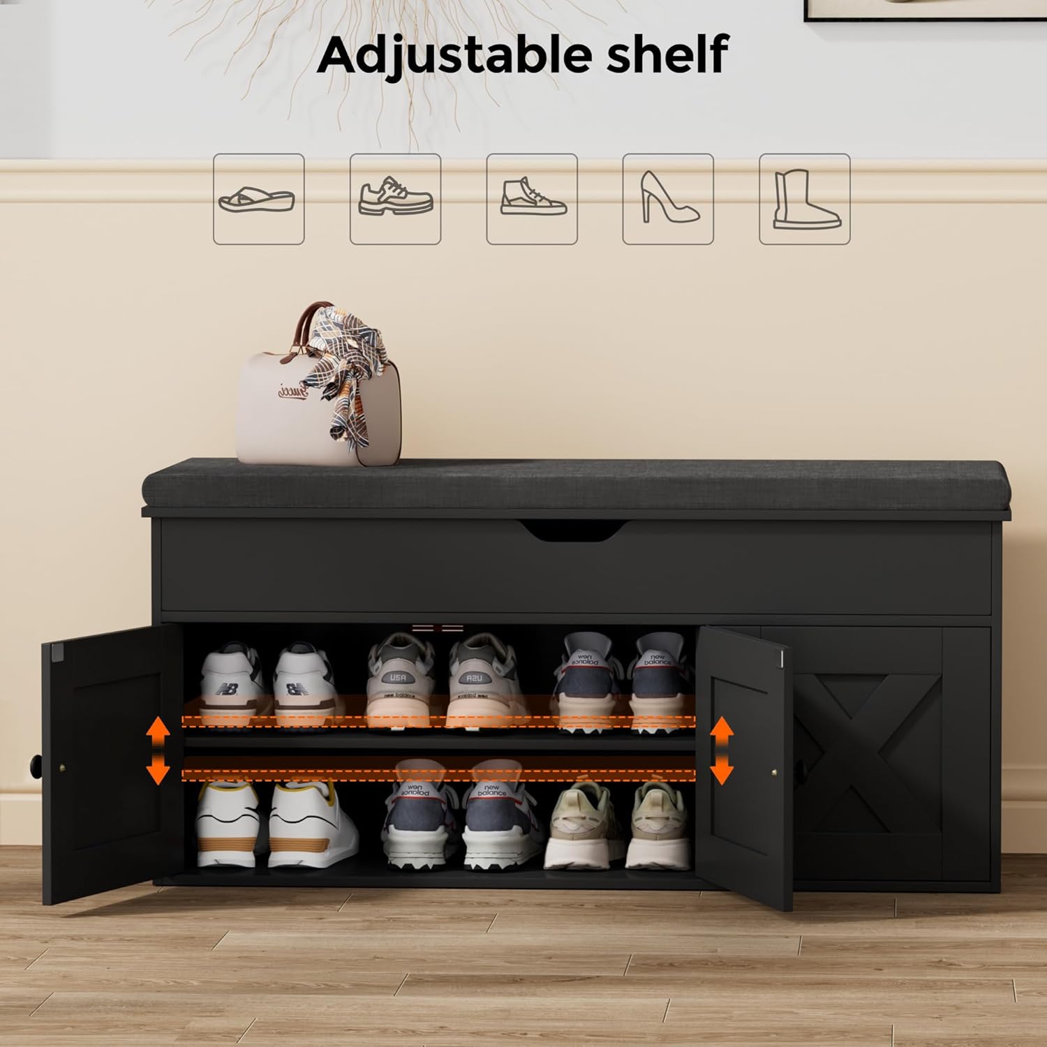 Homleke Shoe Storage Bench with Lift Top & 3 Barn Doors, Entryway Bench with Removable Cushion, Adjustable Shelf, Hidden Storage Cabinet for Hallway, Living Room, Bedroom - Black