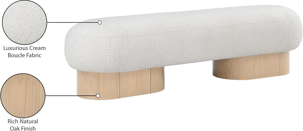 Meridian Furniture 22001Cream Robertson Collection Art Deco Bench with Luxurious Cream Boucle Fabric and Rich Natural Oak Finish, 60.5" W x 18" D x 16" H, Cream