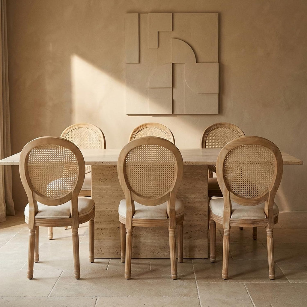 Vintage French Country Dining Chairs Set of 6, Rattan Dinning Chair with a Round Back, Beige Cane Dining Chair, Kitchen and Dining Room Chairs, Sillas para Comedor