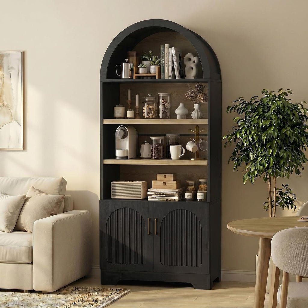 Bestier 71" Tall Arched Kitchen Pantry, Arched Cabinet with Doors, Modern Farmhouse Wood Kitchen Storage Cabinets with 3-Tier Adjustable Shelves, Cupboard for Living Room, Dining Room, Kitchen, Black